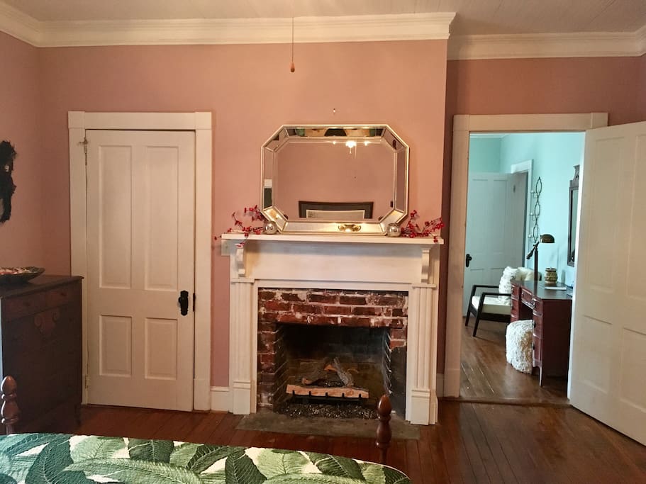 Closet, fireplace and living room door