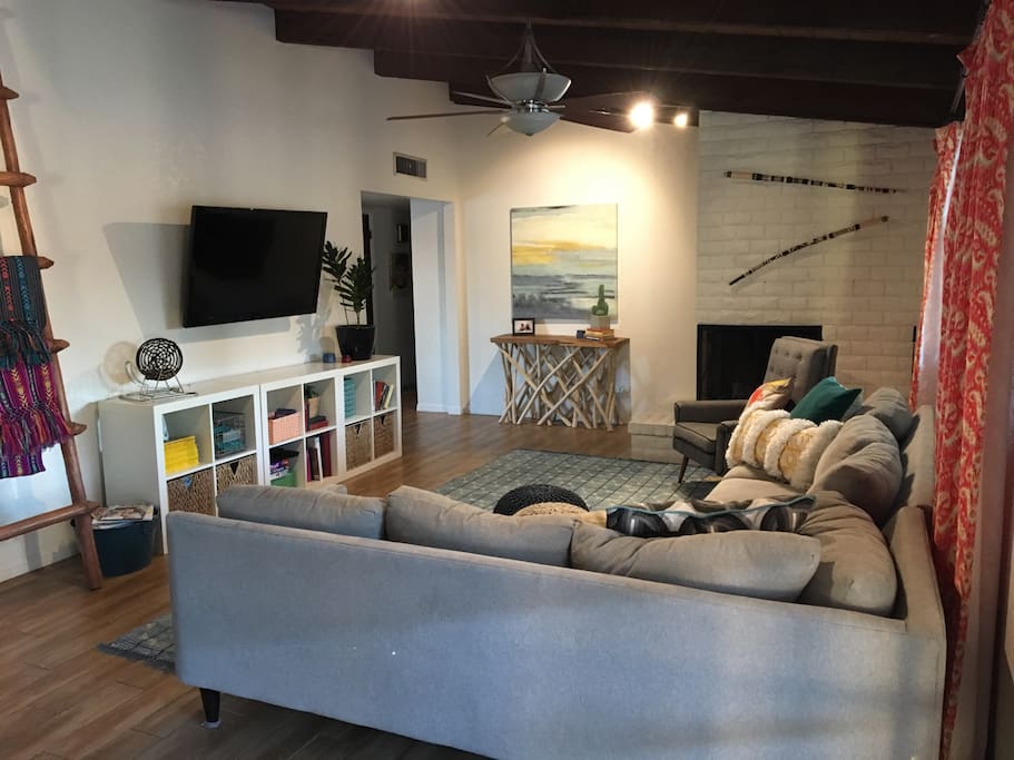 Large flat screen television with cable, Netflix, and Amazon fire stick.