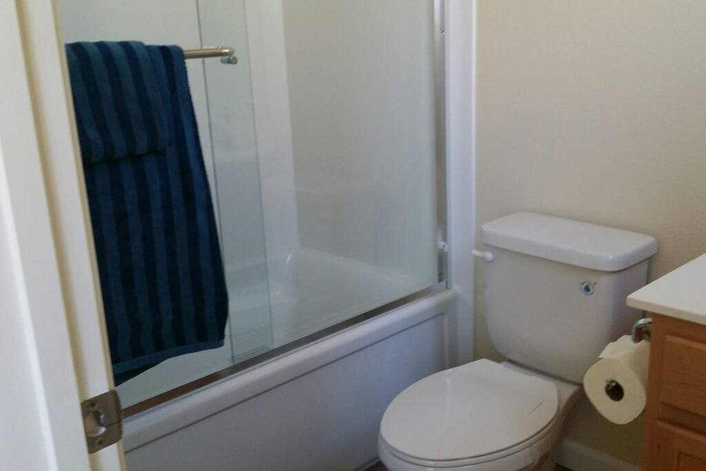 The attached fully stocked bathroom