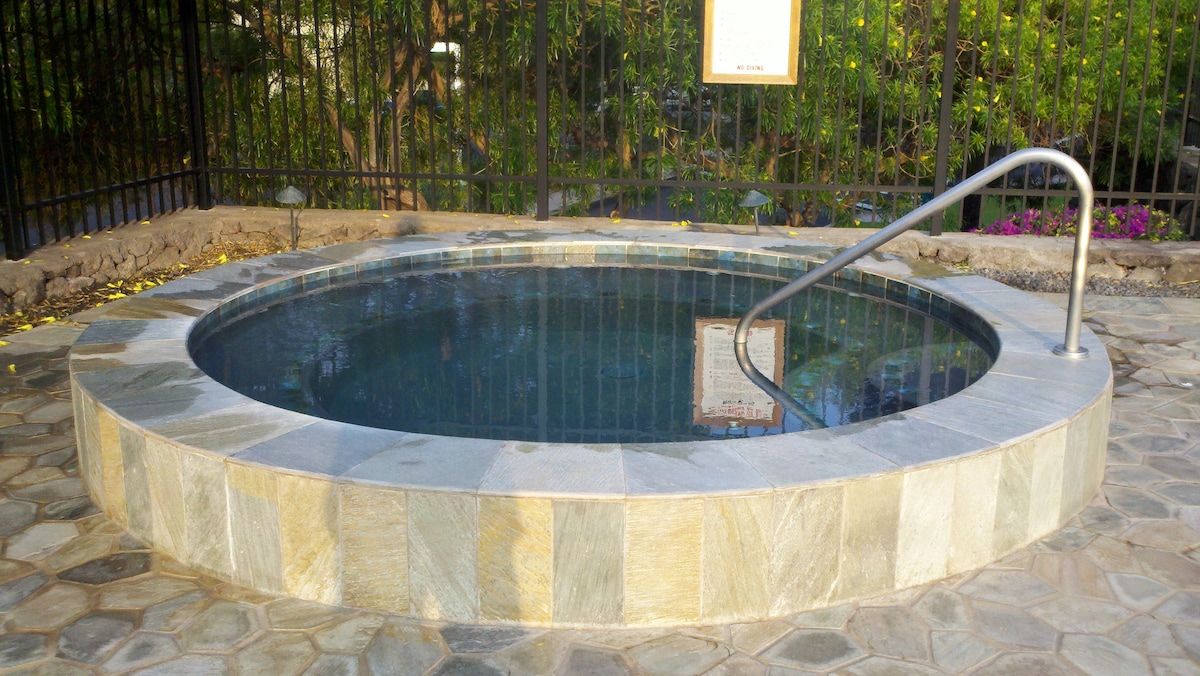 A circular hot tub is set within a stone veneer, featuring a stainless steel handrail. Surrounding the tub is a paved area that provides easy access, with a backdrop of lush greenery and fencing for privacy.