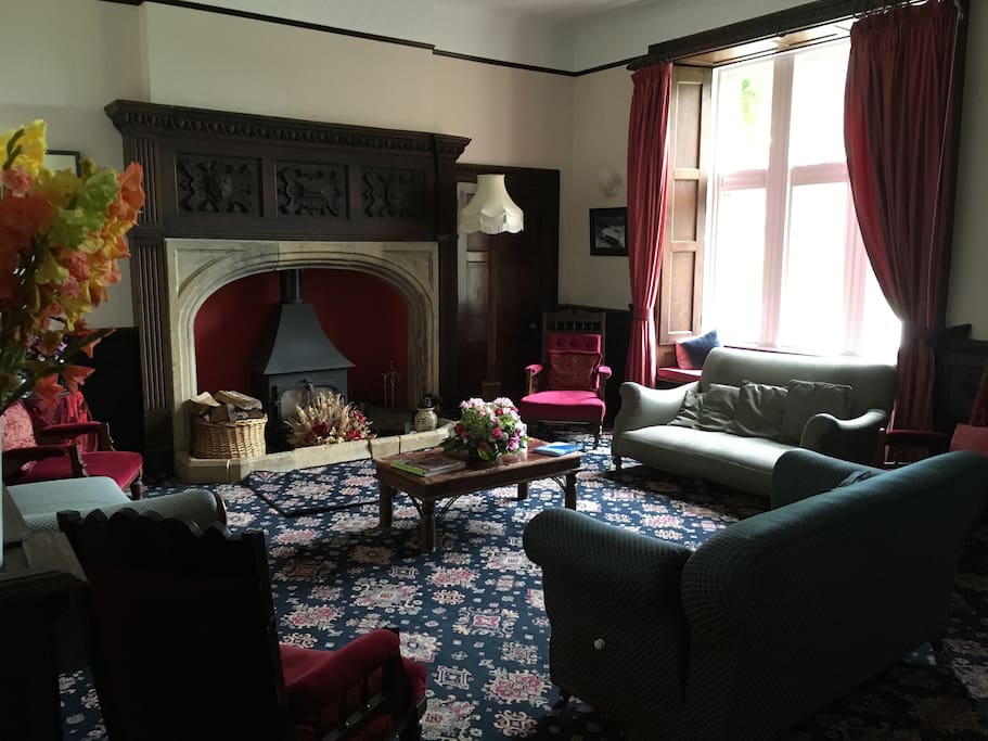 Drawing room and fireplace.