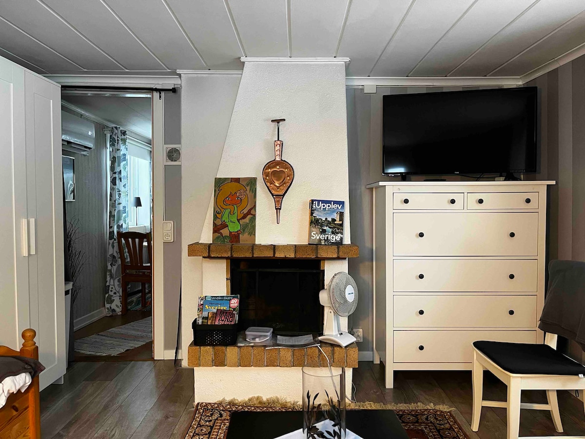 A living area features a brick fireplace at its center, complemented by a mounted television above it. A white dresser stands nearby, and colorful art pieces are displayed on the wall. A ceiling fan and a corner chair add comfort to the space.