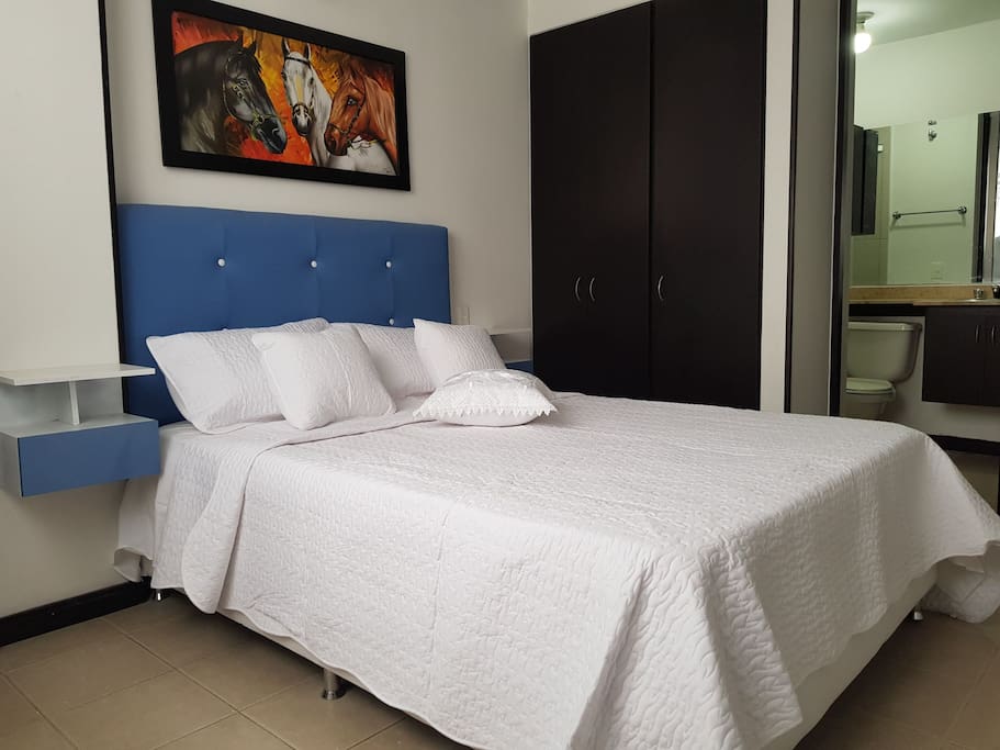 Amplia habitación principal con baño privado, aire acondicionado y dos clósets