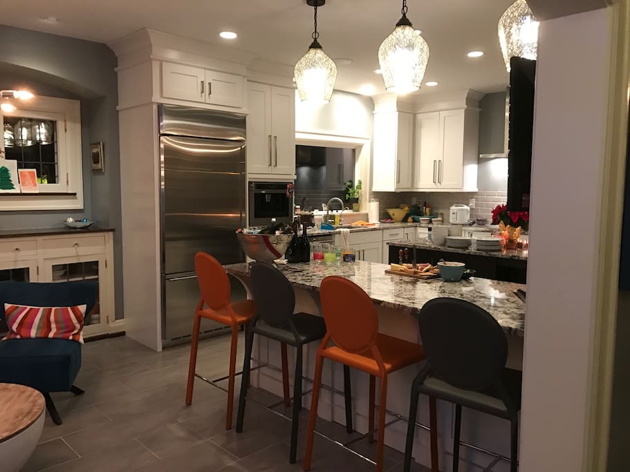 This is a newly remodeled kitchen. It is designed to enjoy and relax while being with your friends and family.