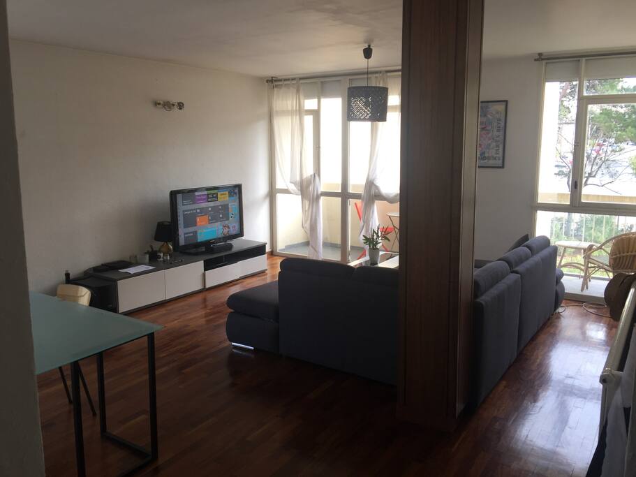 salon avec canapé convertible, télé, canal+, Bein Sport et home cinéma Bose.
Balcon pour les fumeurs. Pièce très lumineuse.