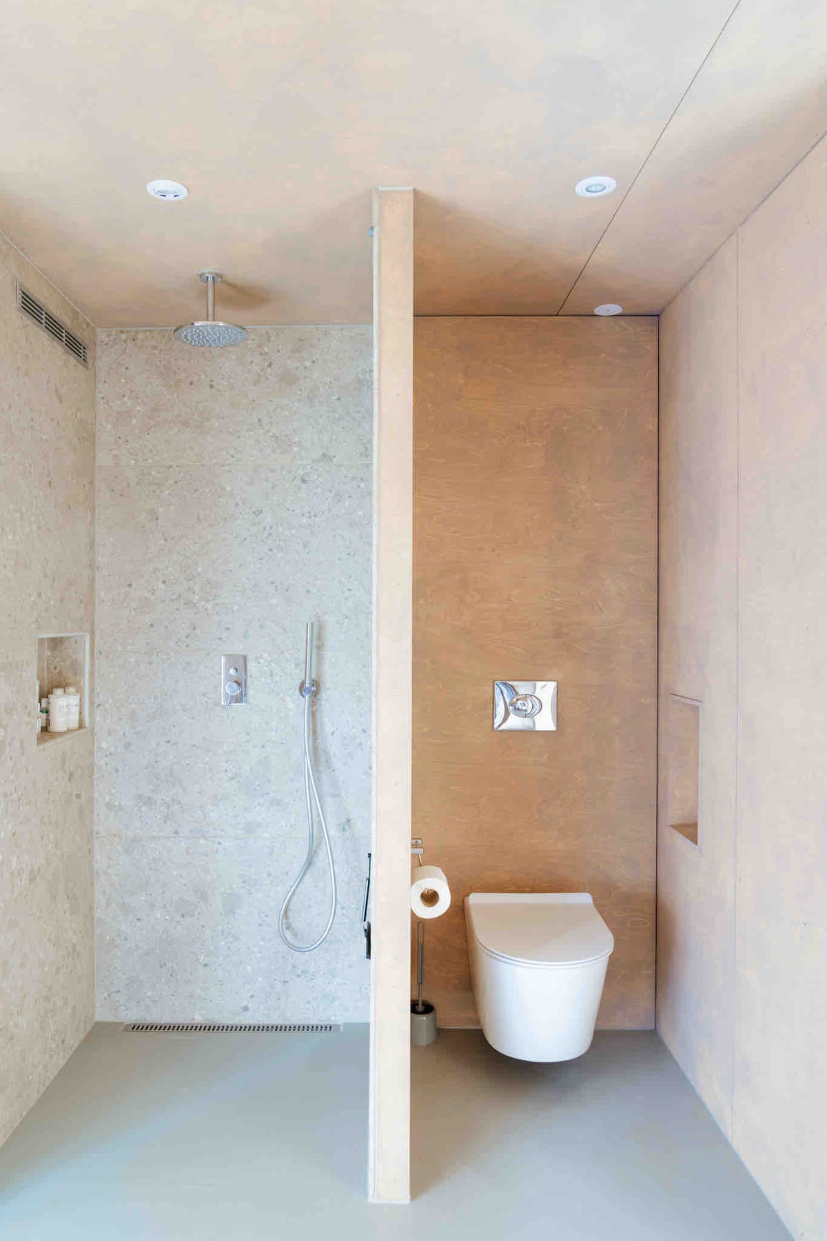 The bathroom is divided into two sections, featuring a modern shower area with a handheld showerhead and sleek wall-mounted fixtures. The other section includes a contemporary toilet, both set against smooth, neutral-toned walls and a simple, clean floor.
