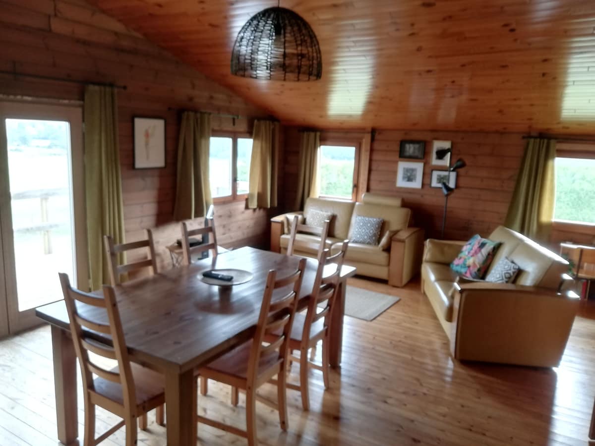 An open living and dining area features a wooden table surrounded by chairs. A comfortable sofa with decorative pillows and a floor lamp completes the space. Large windows provide natural light and views of the surrounding nature. Wooden paneling adds warmth to the interior.
