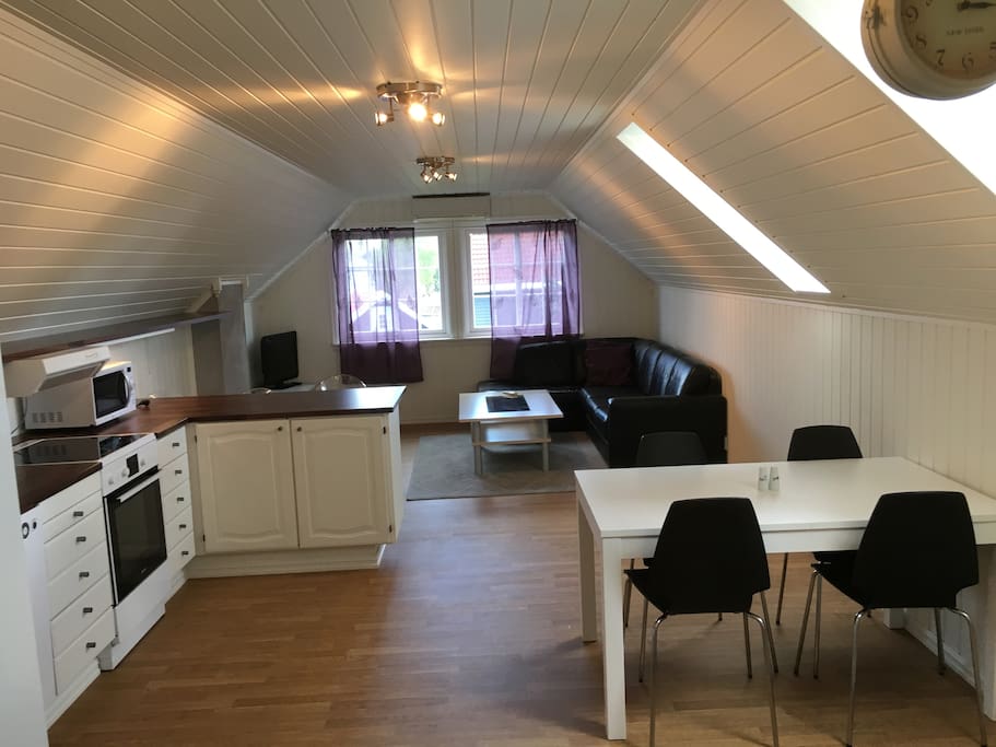 Kombinert stue og kjøkken med spiseplass
