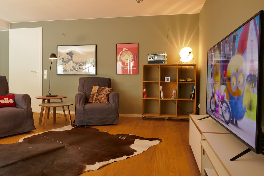 Blick in den Wohnbereich mit 55" TV