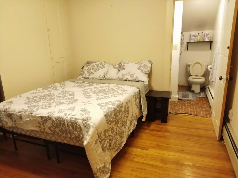 Memory Foam Bed with beautiful sheets and comforter, Private bathroom to the right