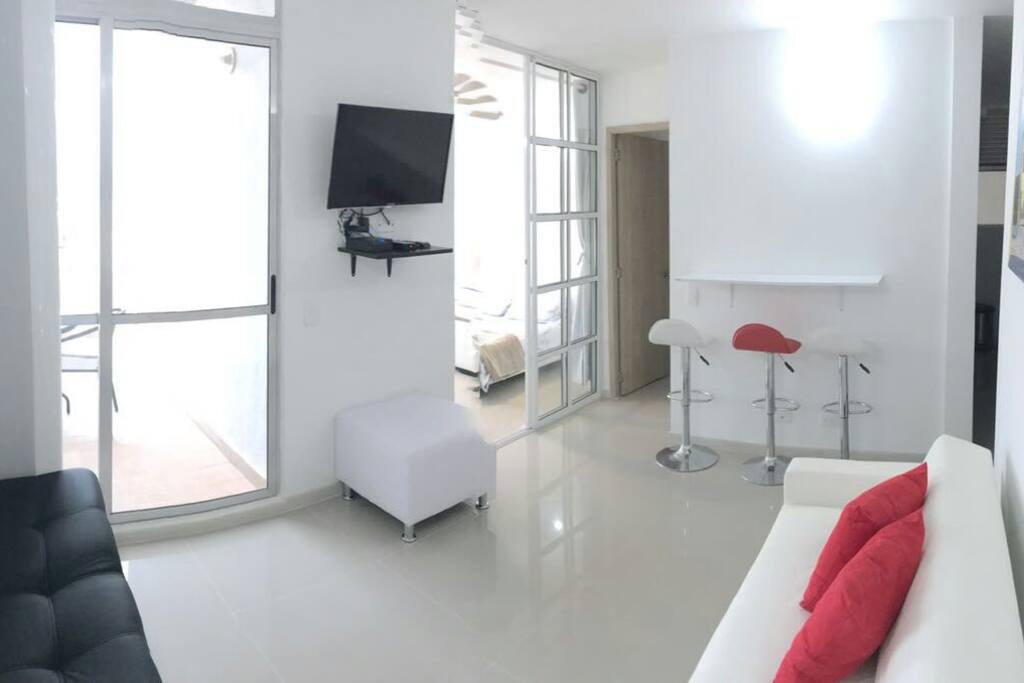 Sala con tv led de 32, sofacama , puff , mesa tipo barra , acceso a terraza privada .