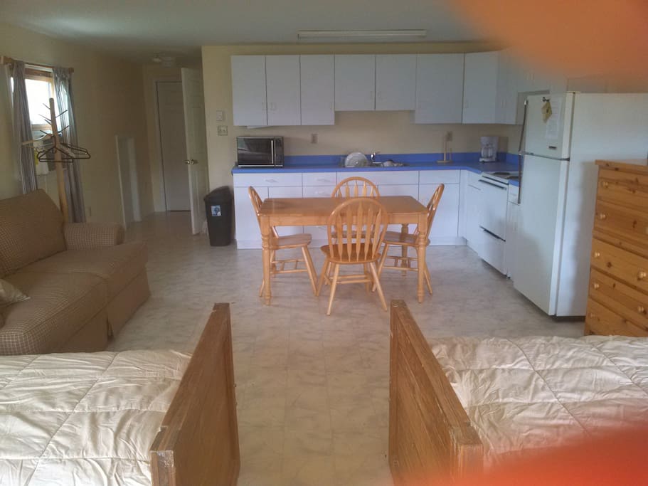 View from beds to kitchen area