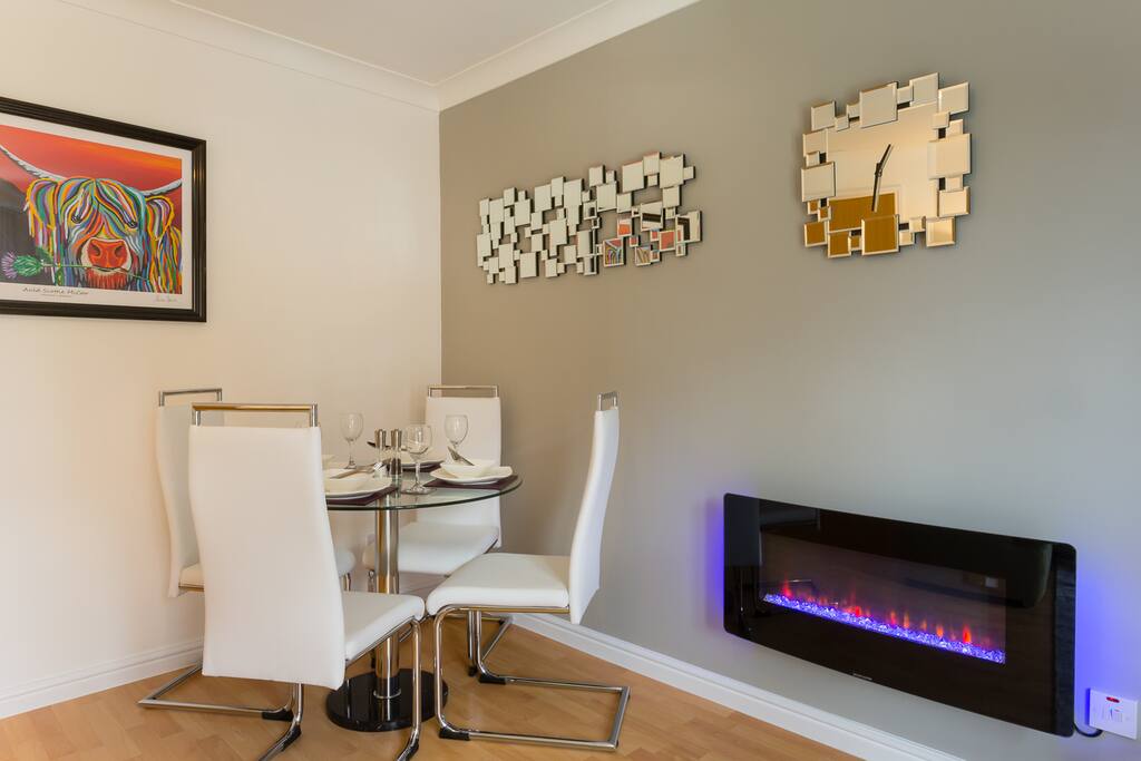 Ample dining area and LED fire
