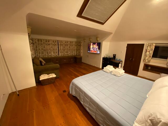 Spacious & Charming Master Suite with skylight.