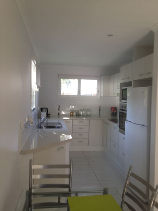 Modern kitchen with dishwasher, hotplate, walloven, microwave, and fridge