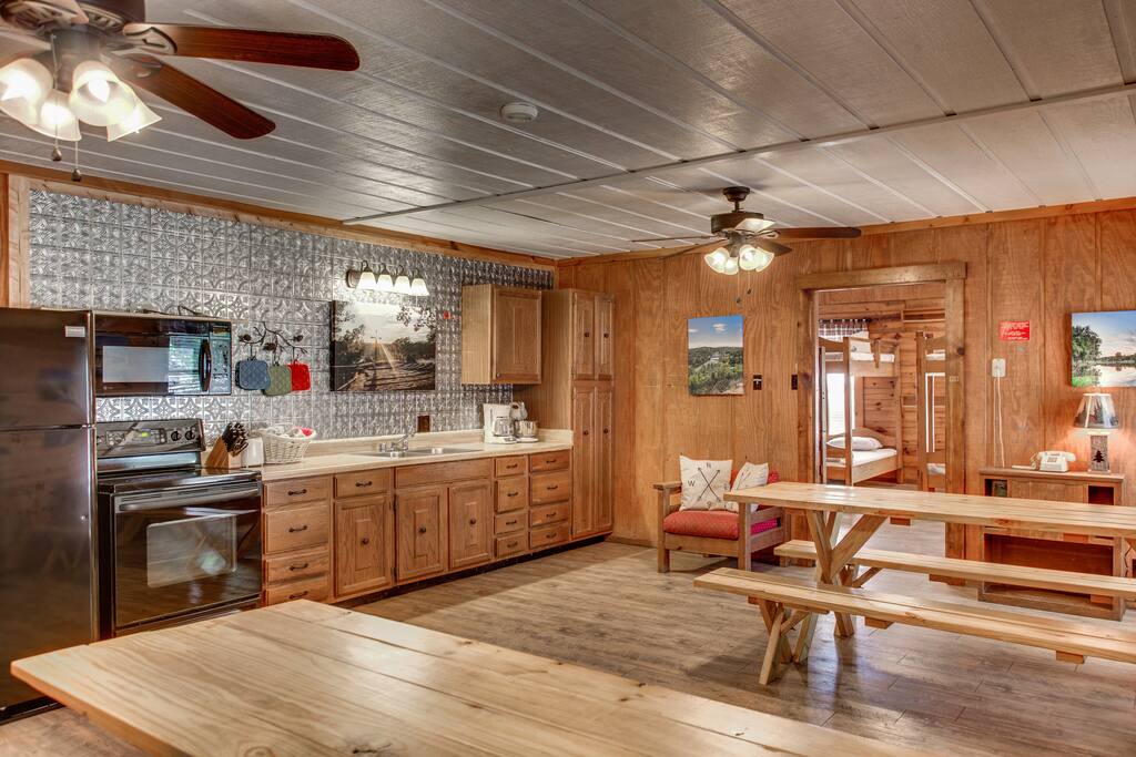 Log lodge kitchen and common space