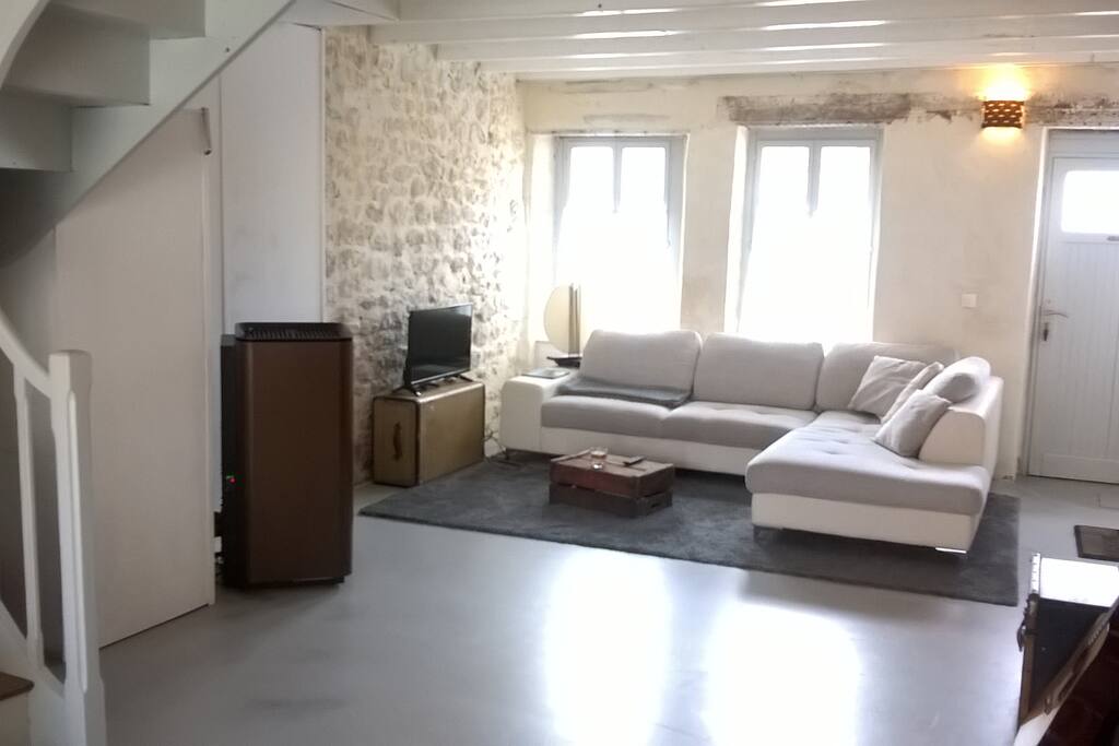 Salon cosy avec écran plat, canapé d'angle et poêle à granules sur pièce de vie de 44 m2.