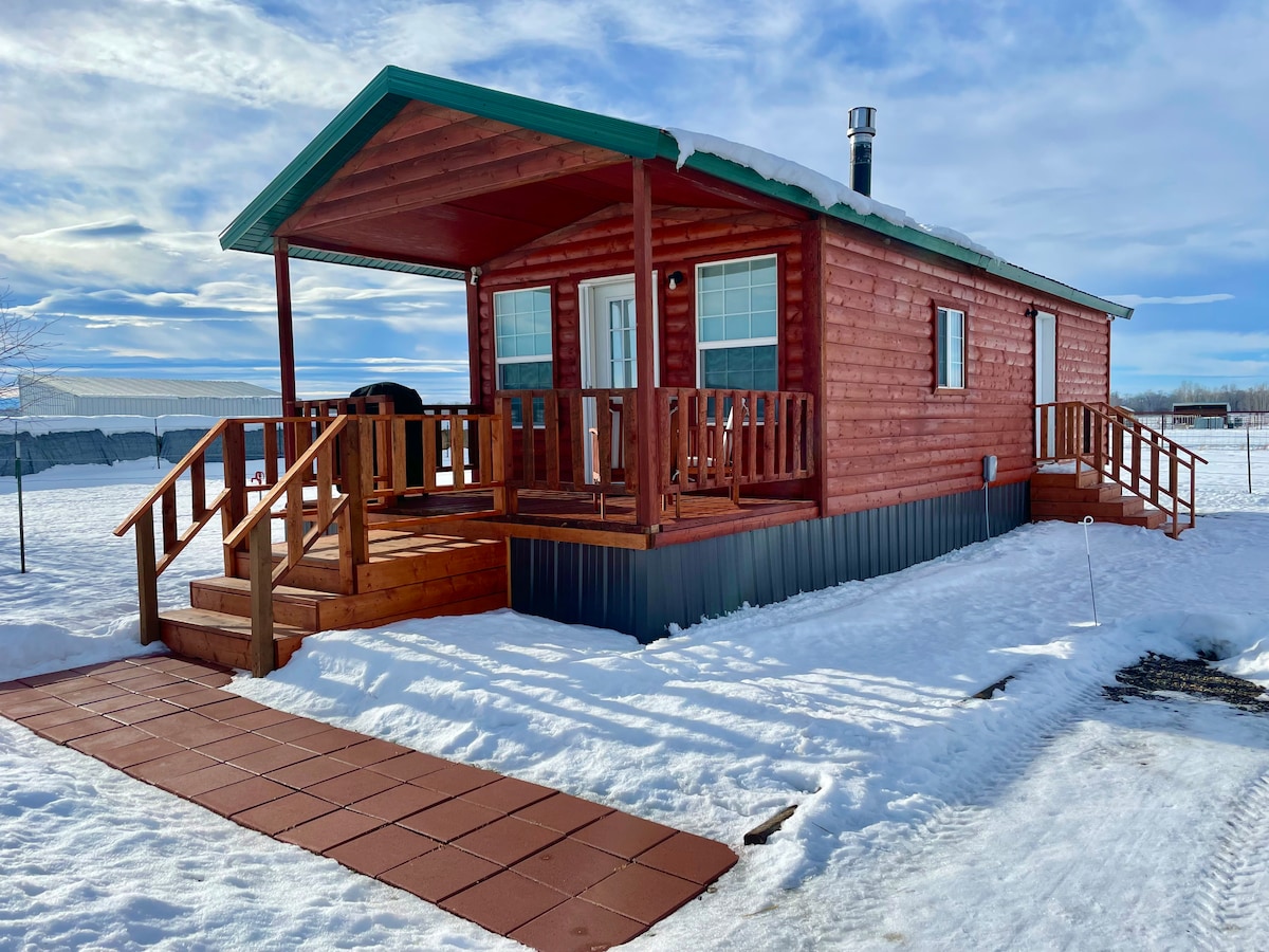 A cozy log cabin is seen with a green roof and wooden deck steps. The exterior is finished in rich wood tones, and snow blankets the ground, highlighting the contrasting warmth of the cabin. Surrounding views are open, emphasizing the rural location.