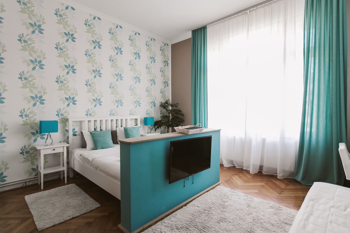 A bright bedroom is characterized by floral wallpaper and teal accents. Large windows allow natural light to fill the space, which features a bed with a low headboard and a flat-screen TV mounted on a partition. Soft area rugs complement the warm wooden flooring.