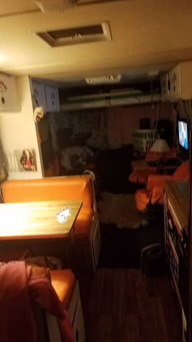 kitchen, living room and table.