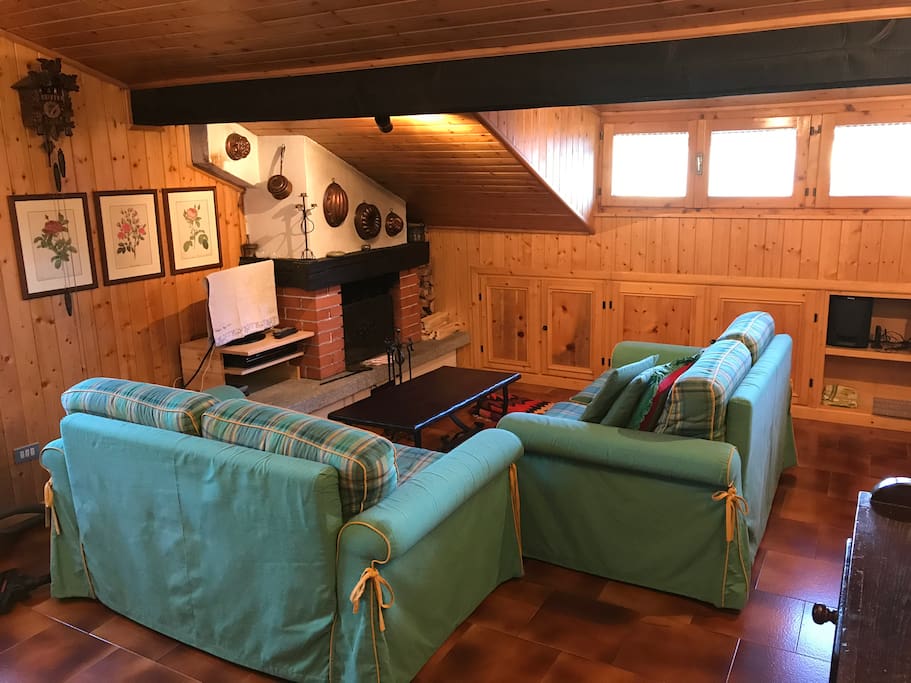 Living room with fireplace. Both sofas convert into queen-size beds.
