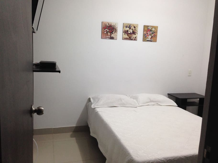 Amplia habitación principal con baño privado, closet y televisión.