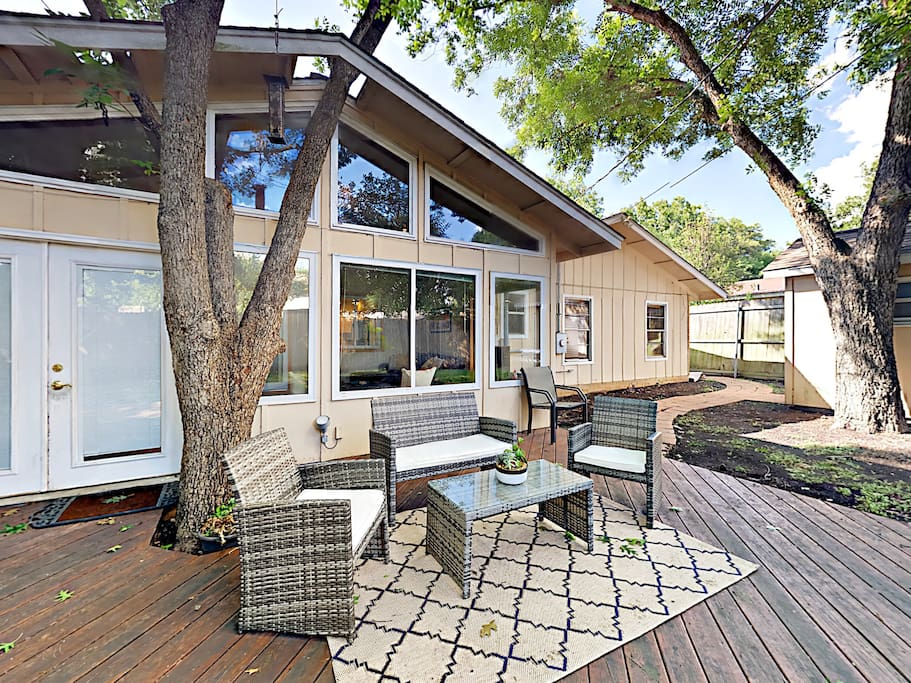 A shaded patio provides shelter from the Austin sunshine