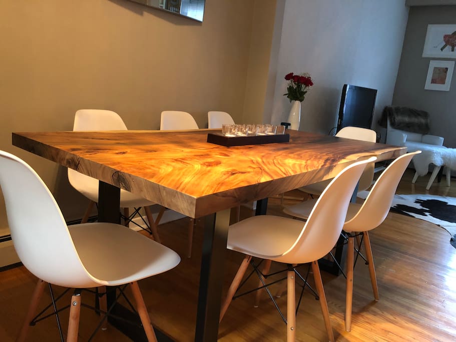 Modern live edge dining table which seats 6-8.
