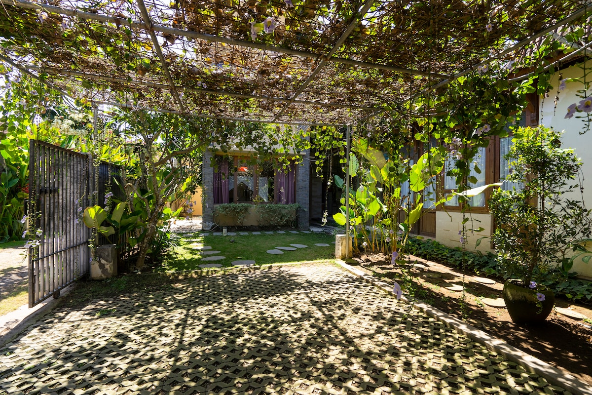 An inviting garden space features a shaded area covered by leafy vines, creating a serene atmosphere. The ground is laid with stone pavers, leading to a charming entrance visible in the background, surrounded by lush greenery and potted plants.