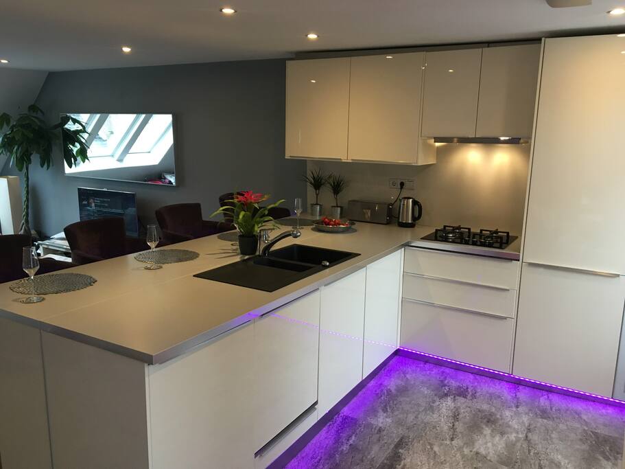 Brand new kitchen, fully equipped: fridge, dishwasher, oven, gas stove-top, microwave, toaster, washing machine, blender. Enjoy your meals seated at the kitchen island.