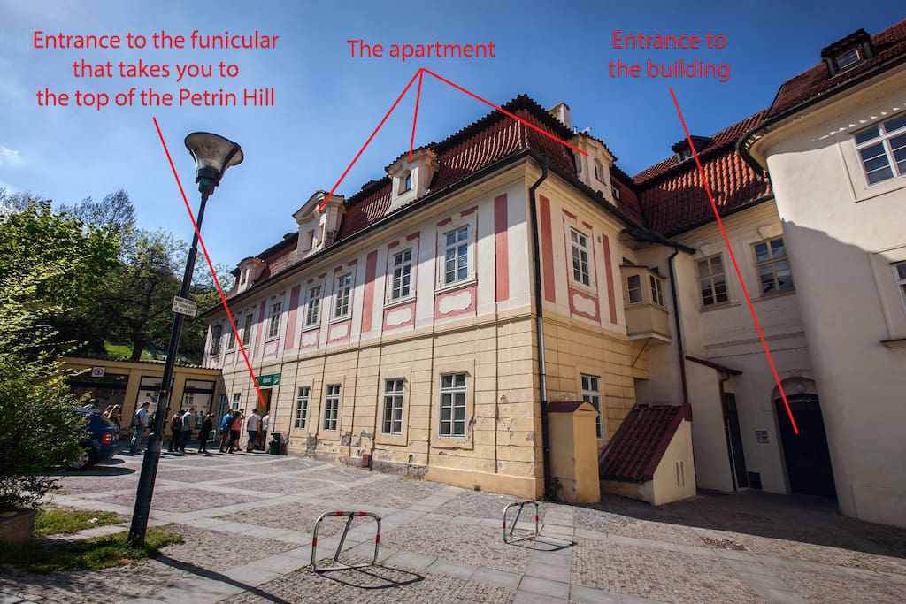 The historical building where the apartment is.
All these people are staying in a line to be delivered to the top of the Petrin Hill, where the Lookout Tower is.