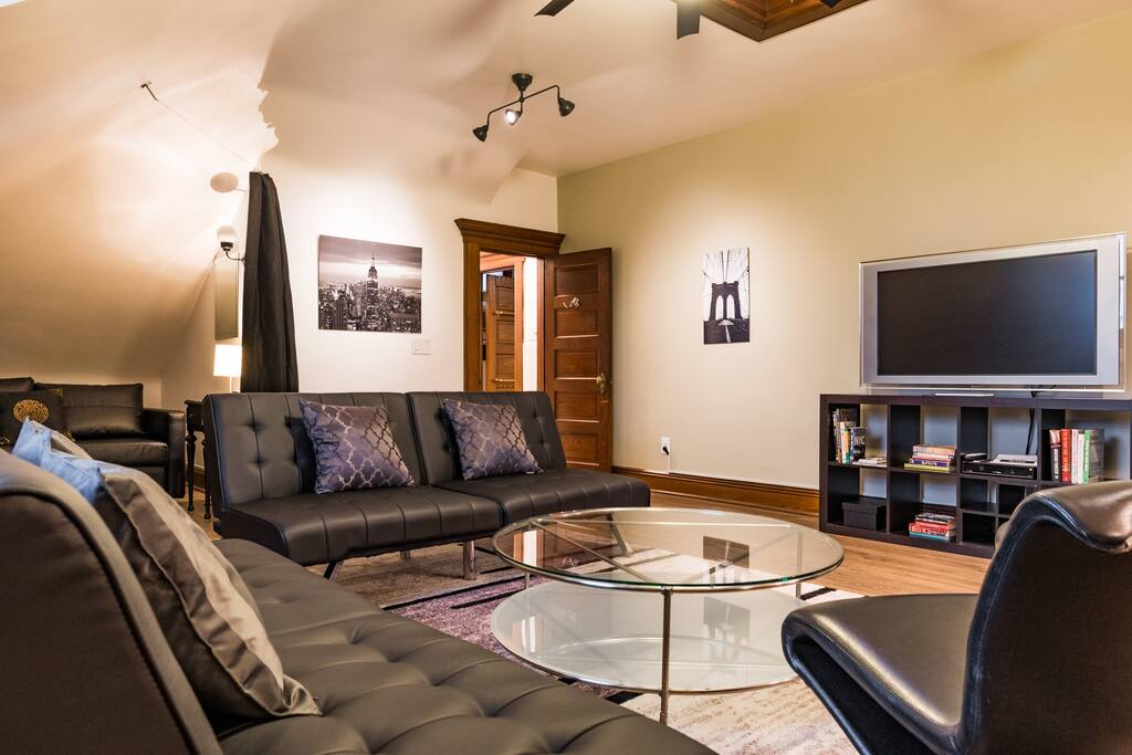 Our large 1080p TV has hundreds of channels as well as an Apple TV with Netflix and more.