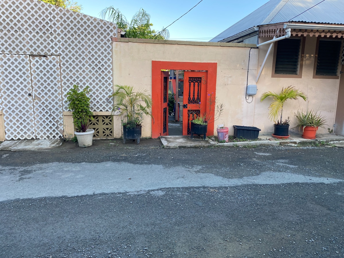 An entrance is framed by vibrant orange doors, providing access to the inner courtyard. Potted plants in varying sizes are positioned around the doorway, adding greenery to the scene. A textured wall and a lattice structure are visible in the background.