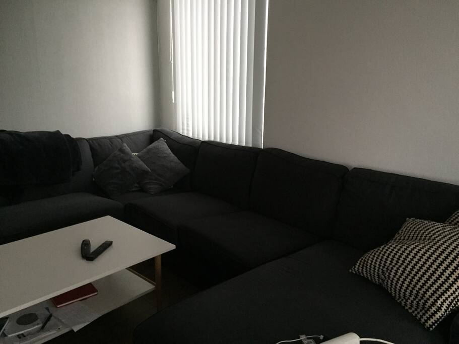 Stor og god sofa i stuen med 55tommer TV