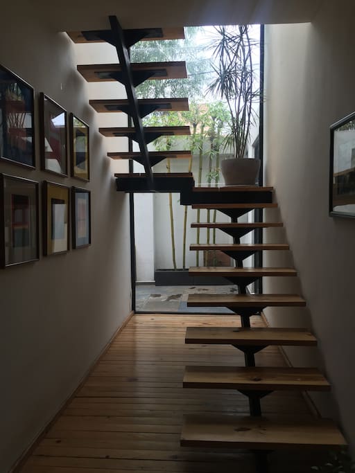 Stairs to second floor with a view.