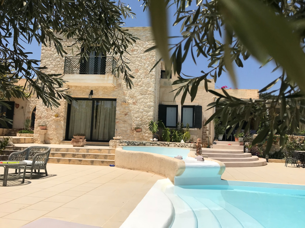 The villa’s rustic stone facade is framed by lush greenery, with dark window shutters adding contrast. The private pool is highlighted, showcasing gentle curves and steps leading into the water. Terracotta pots and outdoor seating create an inviting environment for relaxation.