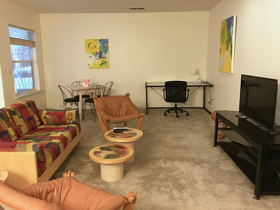 Seating area with fold-out queen bed
