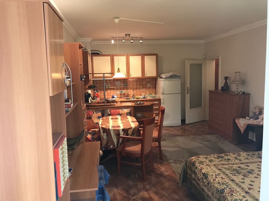 Spacious studio with a dining area, kitchen, desk, large bed, balcony..everything you need!