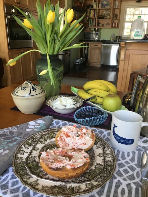 Today's breakfast in the kitchen. Home cured grav lax spread, fresh organic fruit, yoghurt and coffee. Like eggs? Just let me know..