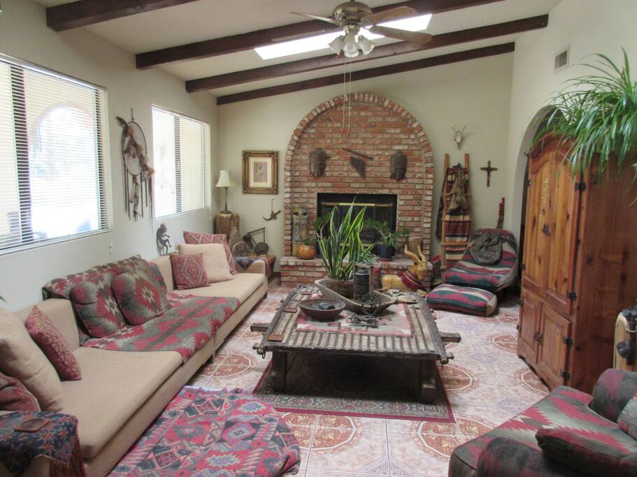 The living room has skylights, Direct TV & a DVD player, fireplace, and lots of sofa room. The sofas can comfortably sleep two tall people.