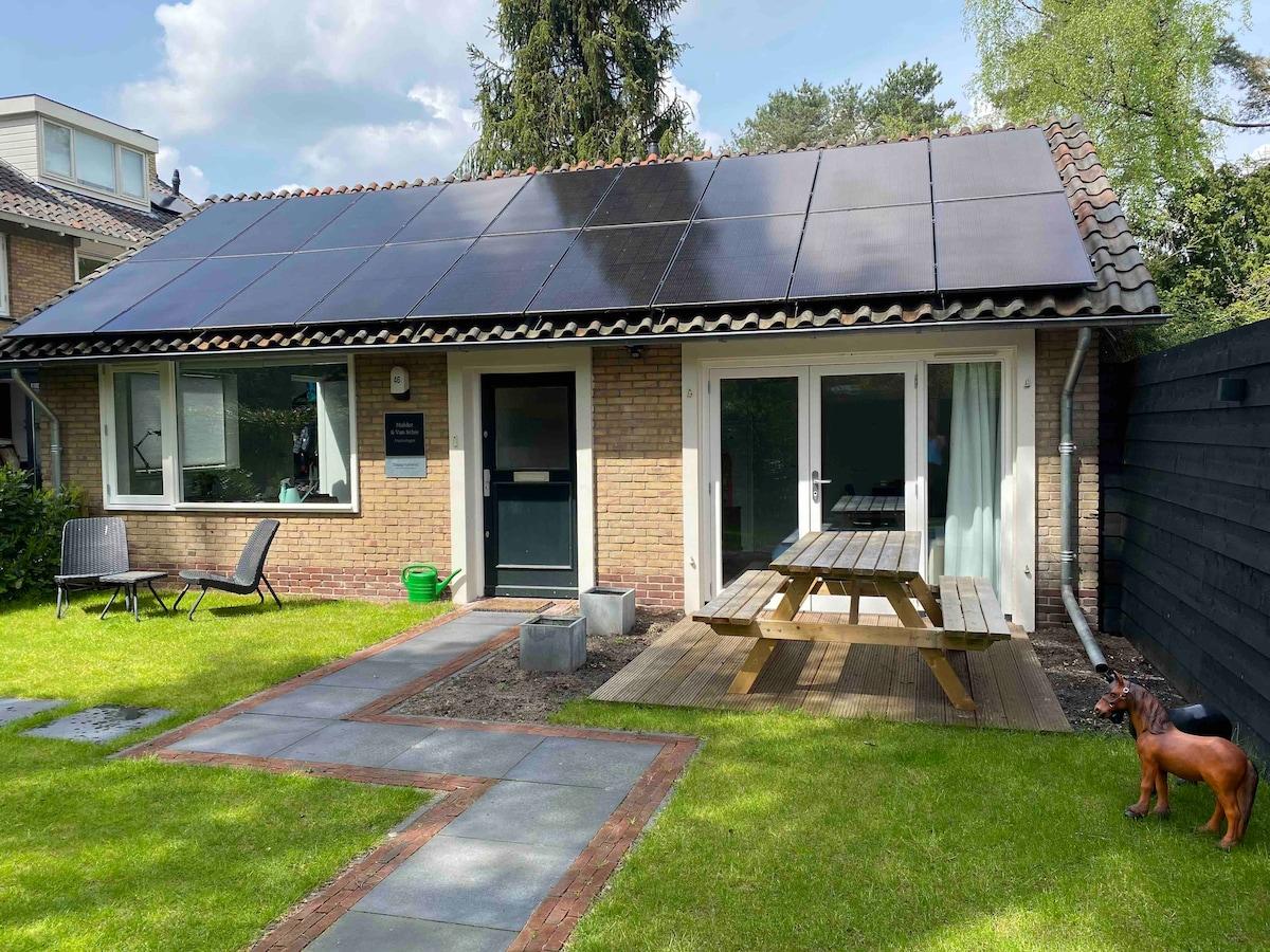 A quaint guest suite is presented, featuring solar panels on the roof. The exterior showcases large glass doors leading to a wooden terrace with picnic table, surrounded by a grassy landscape. There are seating arrangements visible, along with a decorative figure on the lawn.