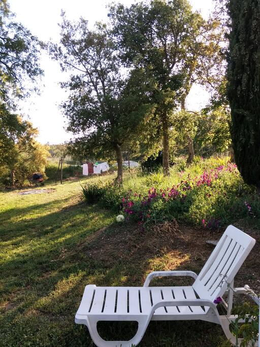 One of your deckchairs and the view to the laundry place.