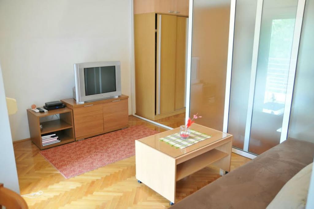 Living room with sofa bed, tv set+ sneek-peek to the hallway