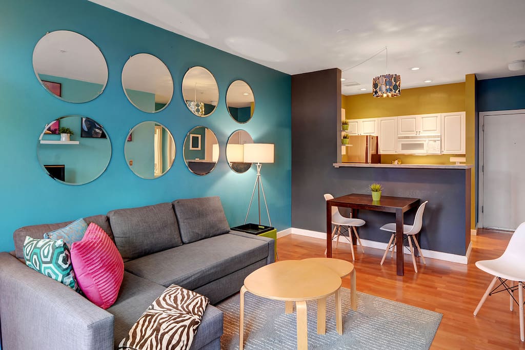 Inviting space decorated in lively bright colors.