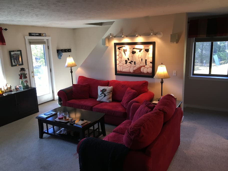 Living Room with "faux" suede leather couch and love seat.