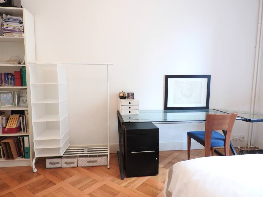 Cloth storage space, big work desk, desk lamp