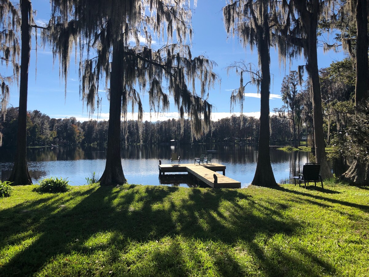 A serene lake view is featured, framed by tall trees draped with Spanish moss. A wooden dock extends into the calm water, reflecting the clear blue sky. Shadows cast by the trees create a peaceful interplay on the lush green grass.