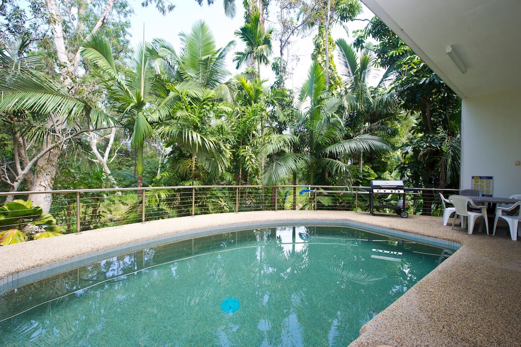 Pool surrounded by lush gardens