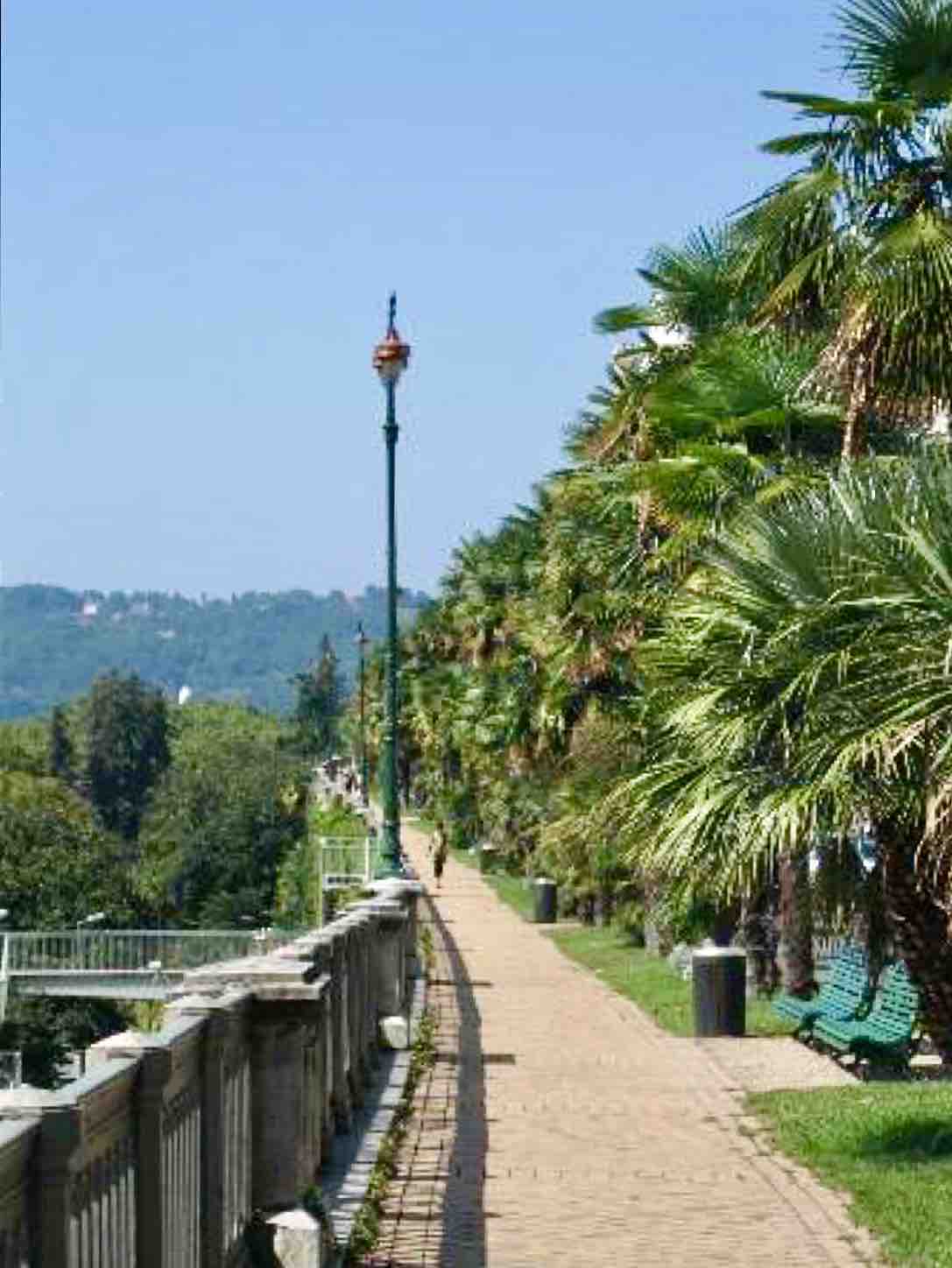 A sunlit walkway lined with palm trees and a stone railing runs parallel to the river. A lamppost stands tall along the path, casting gentle shadows. In the distance, green hills are visible under a clear blue sky.