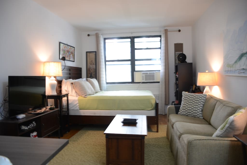 One queen bed, sofa bed, internet TV, Alexa, heat, AC, and fan